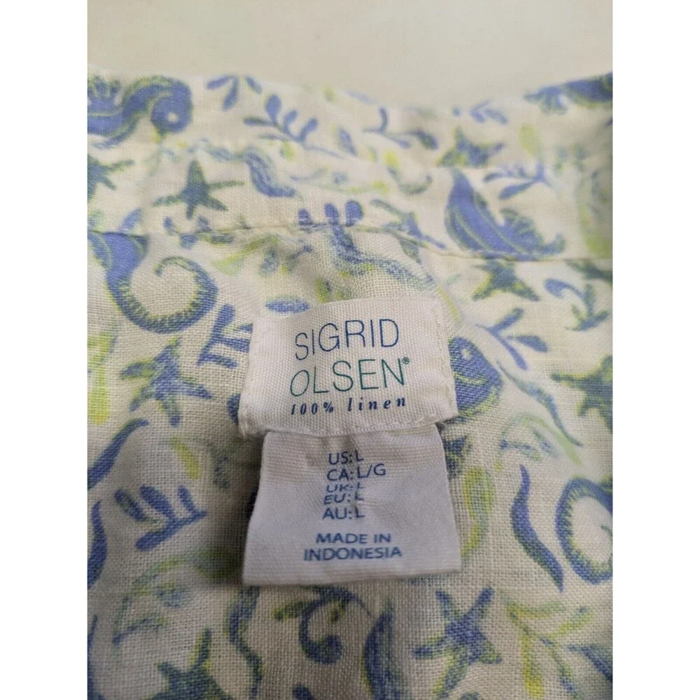 Sigrid Olsen 100% Linen Tunic Button Up Shirt Sea Horse Nautical Starfish Large - Picture 9 of 13